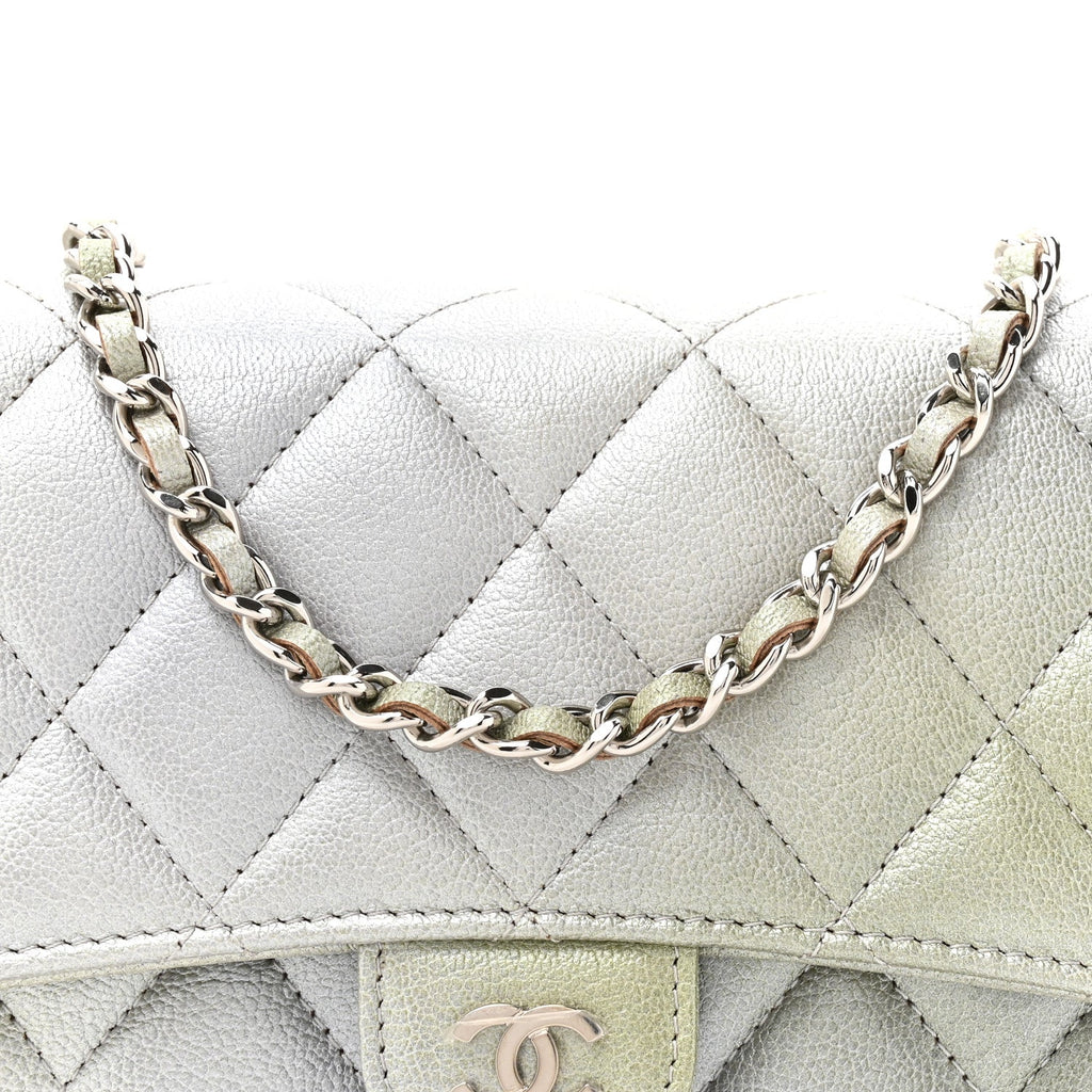 Chanel Metallic Goatskin Quilted Ombre Phone Holder Wallet on Removable Chain Grey Green
