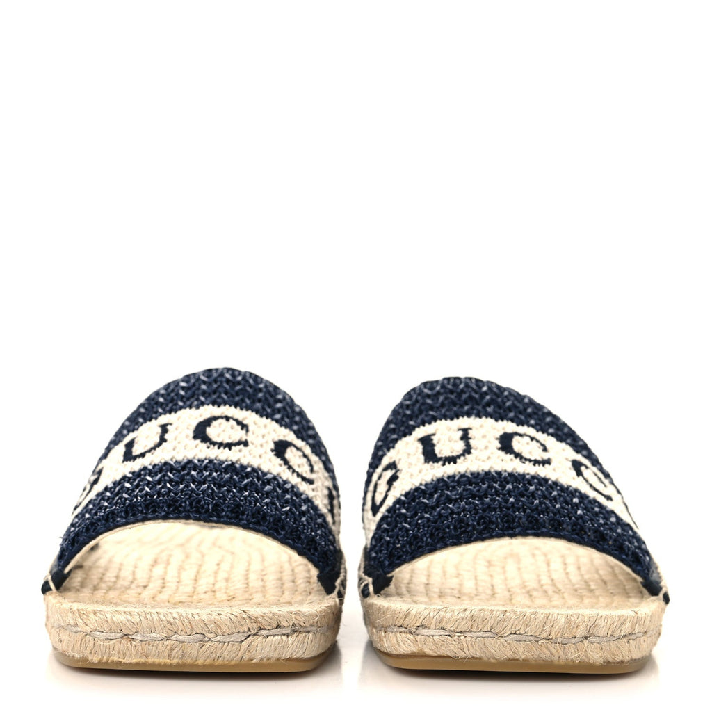 Gucci Macrochet Raffia Logo Flat Slide Espadrille Sandals 37.5 Blue Great White