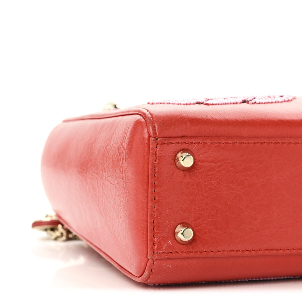 Christian Dior Calfskin Beaded Mini Lady Dior Rouge Multicolor