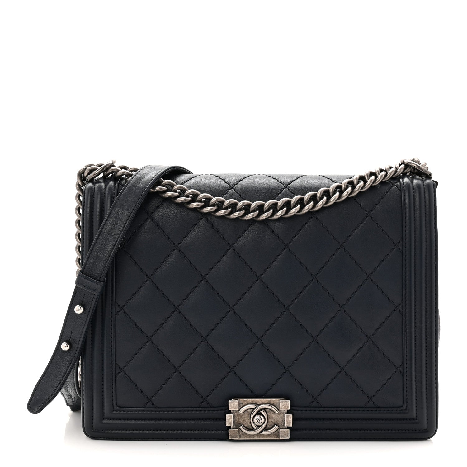 Chanel Calfskin Double Stitch Large Boy Flap Navy Blue