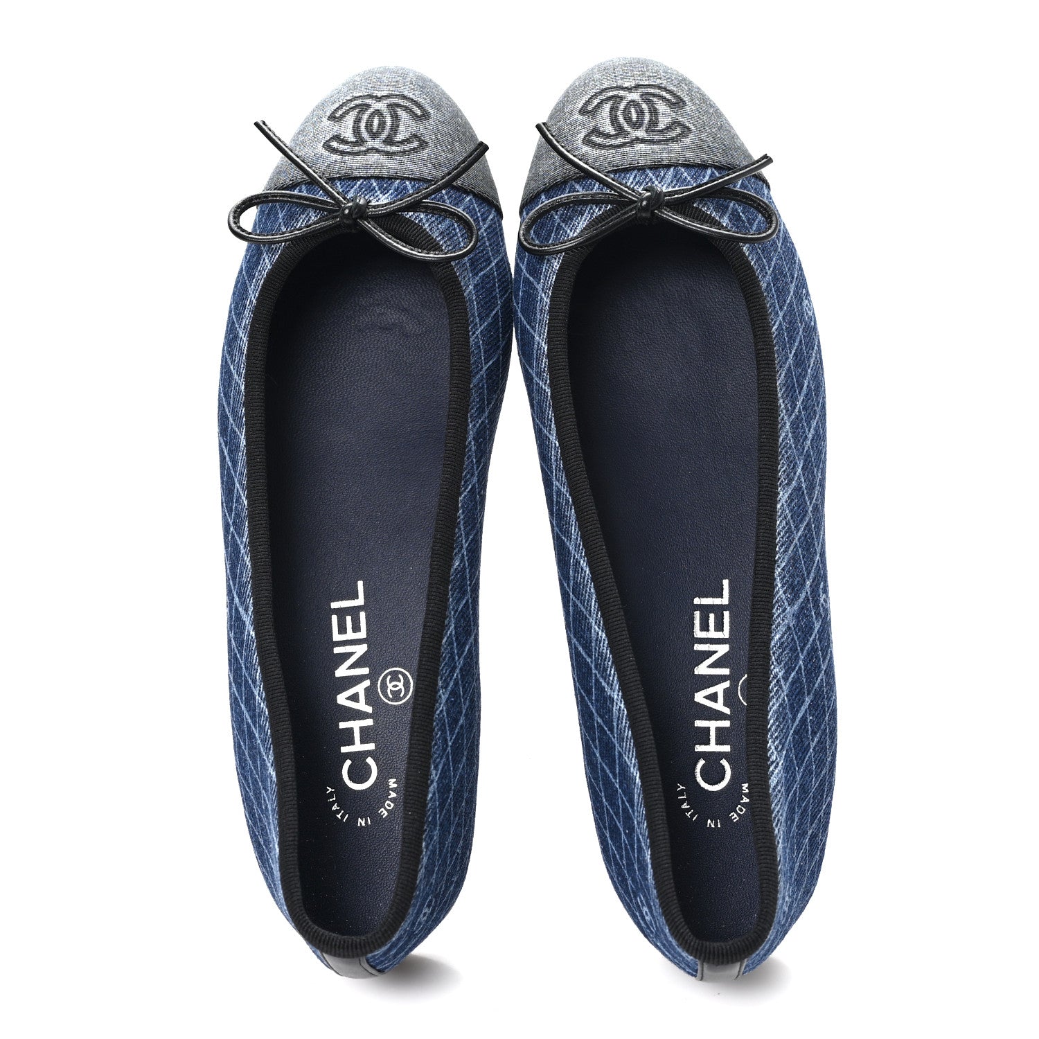 Denim Printed Quilt CC Cap Toe Ballerina Flats 37 Navy Blue Dark Grey