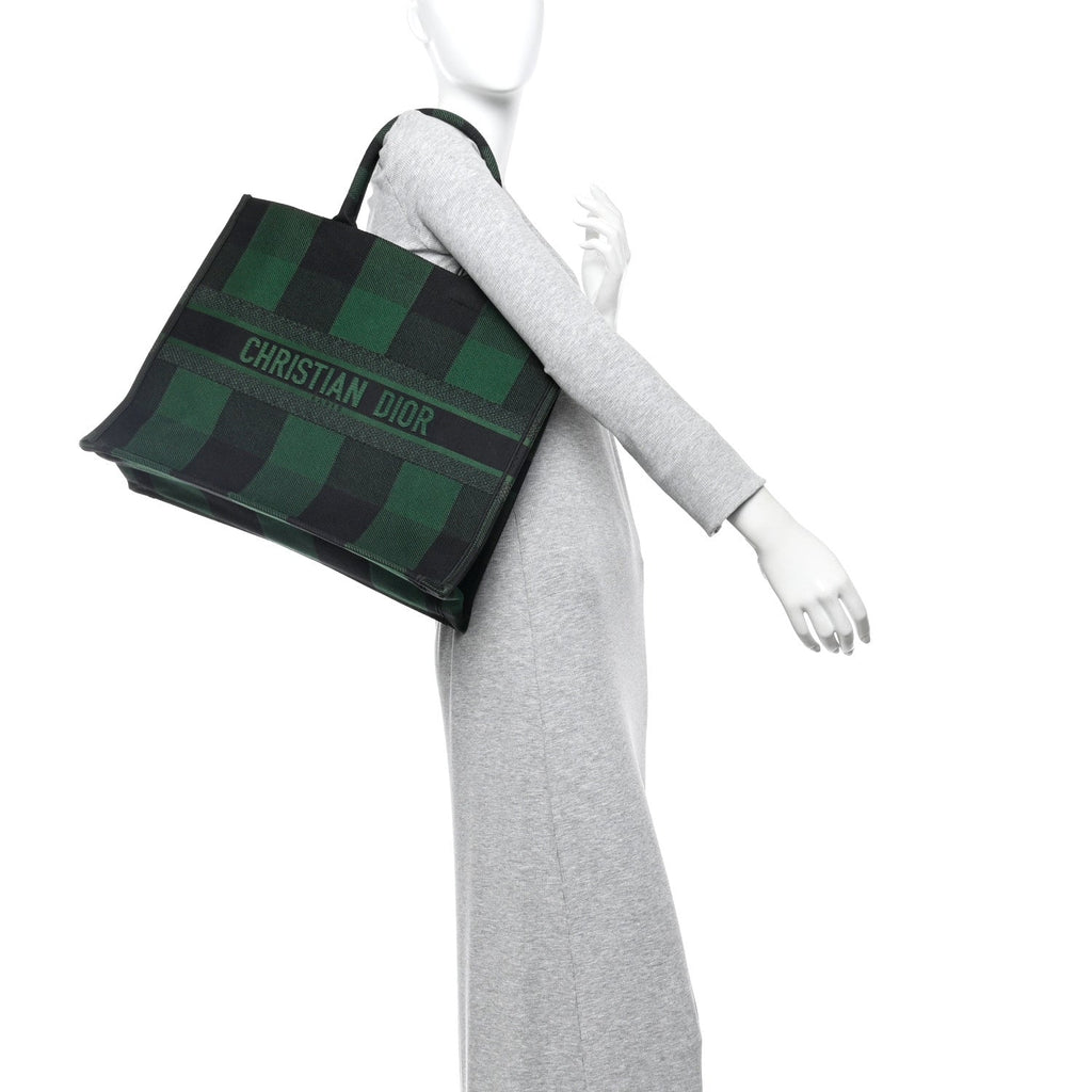 Christian Dior Canvas Embroidered Checkered Book Tote Black Green