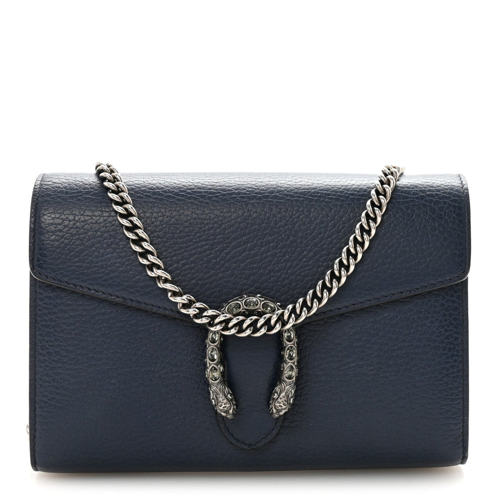 Gucci Dollar Calfskin Crystal Mini Dionysus Chain Wallet Blue Agata Black Diamond