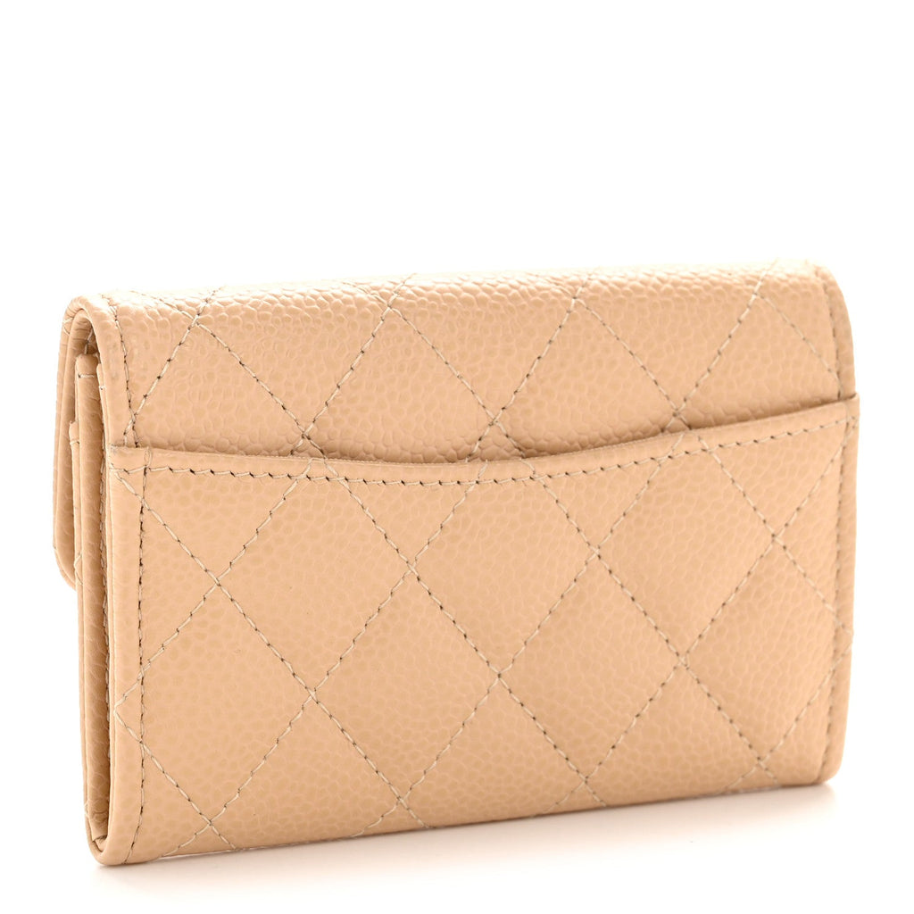 Caviar Quilted Flap Card Holder Wallet Beige