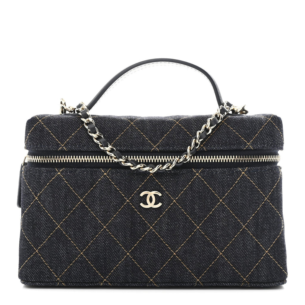 Chanel Denim Quilted Top Handle Slim Vanity Case With Chain Dark Blue Orange
