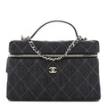 Chanel Denim Quilted Top Handle Slim Vanity Case With Chain Dark Blue Orange