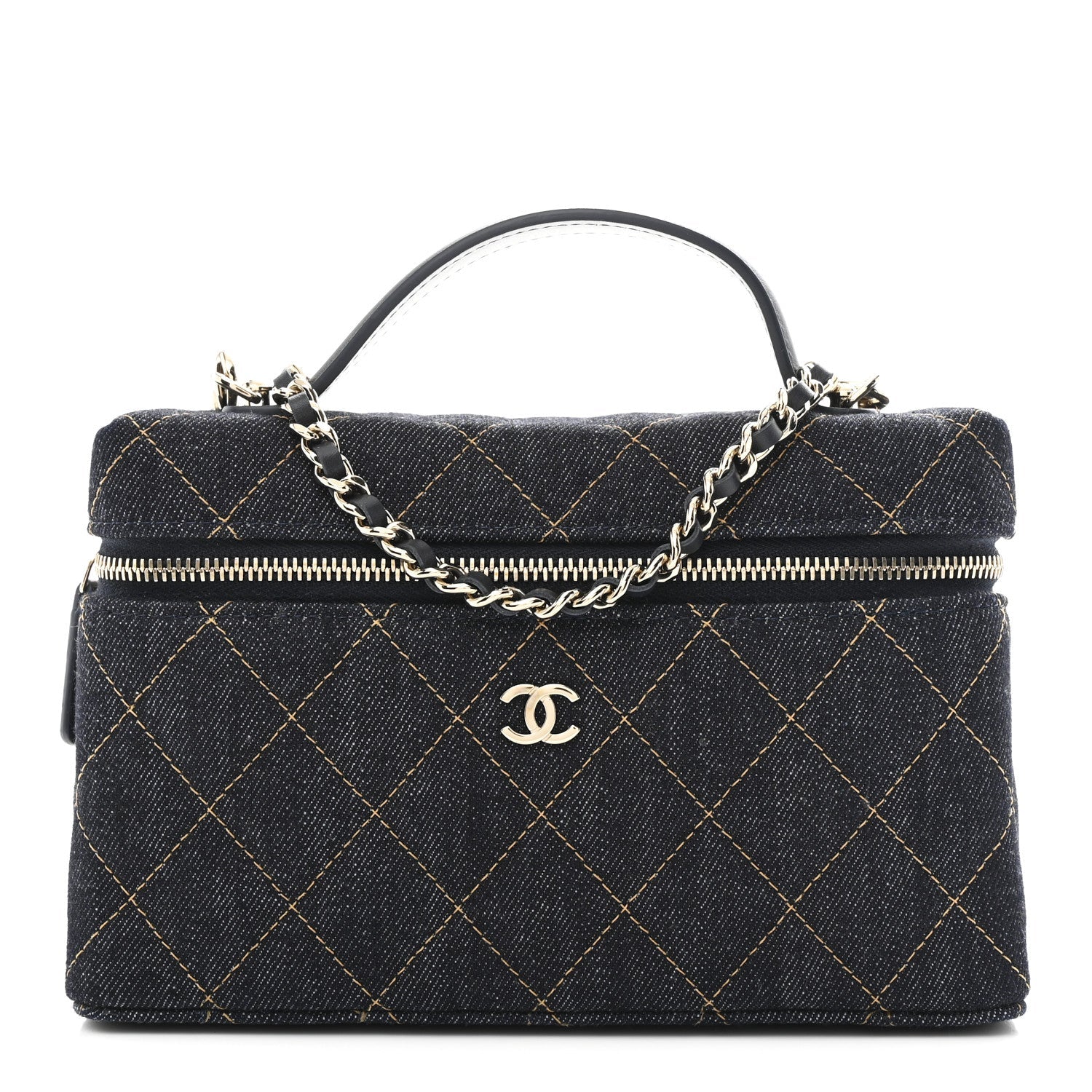 Chanel Denim Quilted Top Handle Slim Vanity Case With Chain Dark Blue Orange