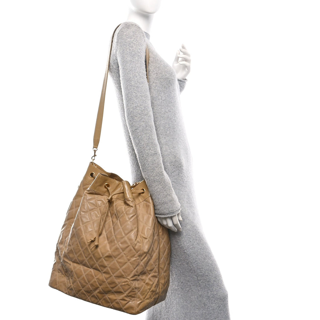 Chanel Vinyl Stitched XL Bucket Bag Beige