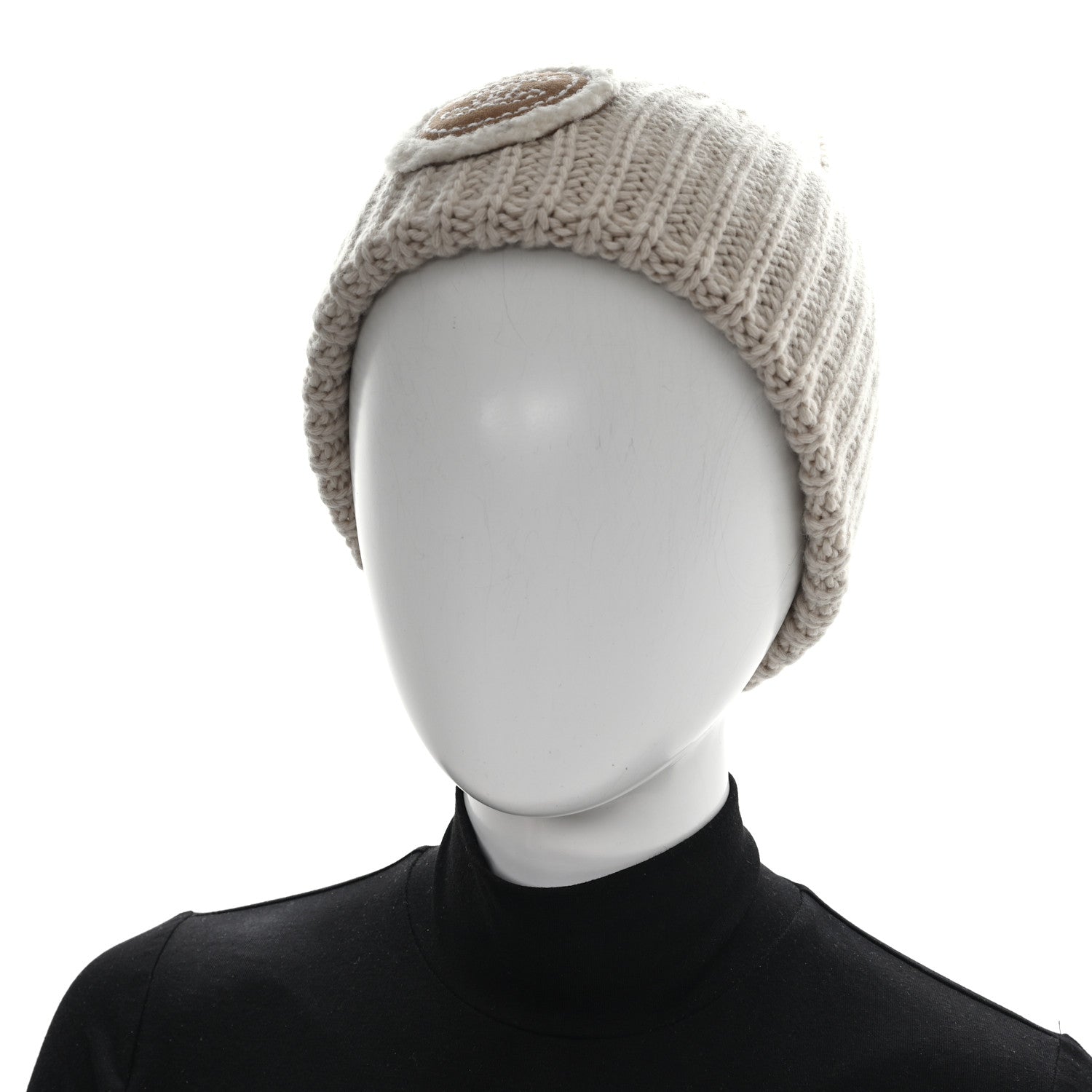 Chanel Wool Cashmere Sheepskin Shearling CC Patch Beanie Hat  Ecru Dark Beige