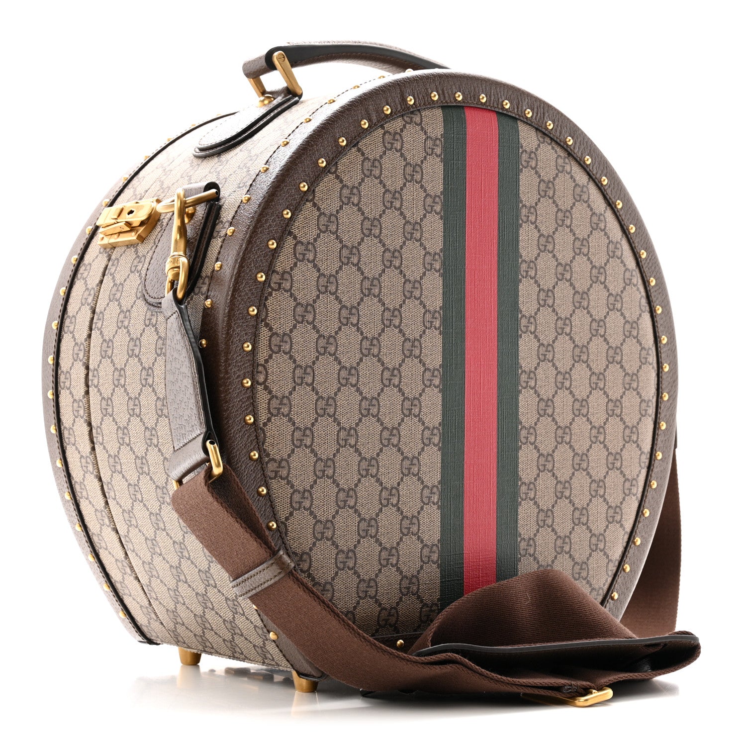 Gucci GG Supreme Monogram Textured Dollar Calfskin Web Savoy Hat Box Beige Ebony New Acero