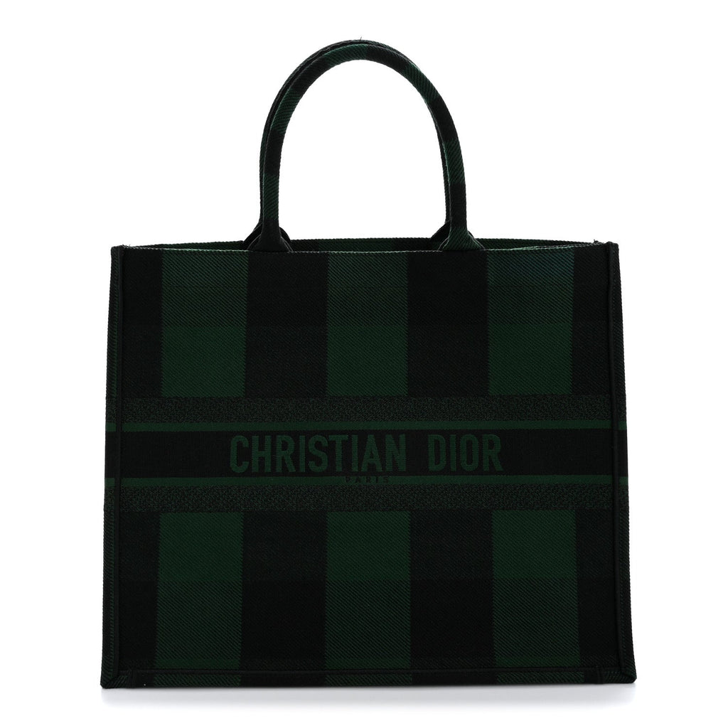 Christian Dior Canvas Embroidered Checkered Book Tote Black Green