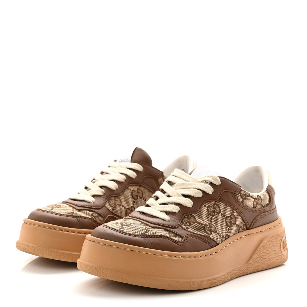 Gucci Calfskin GG Monogram Womens Platform 55mm Sneakers 35.5 Hezelnut Beige Ebony Mystic White