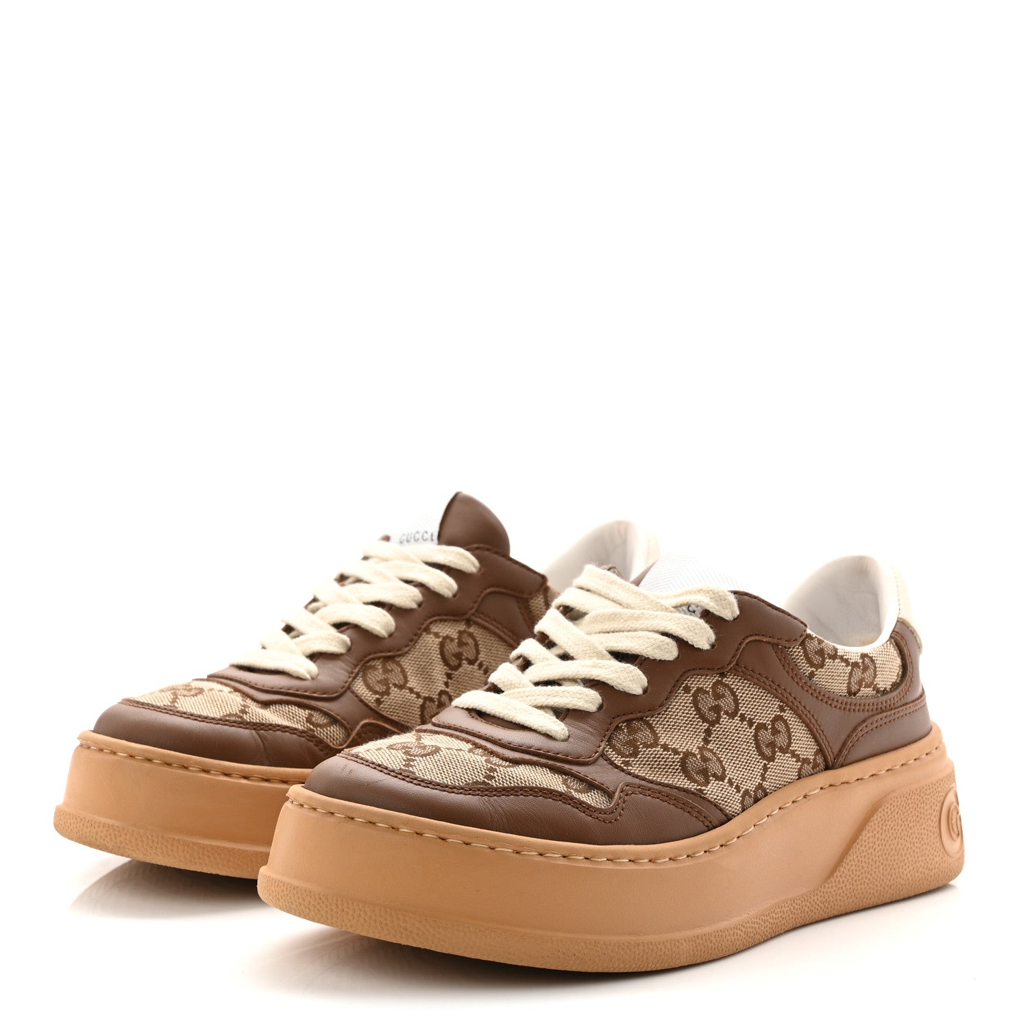 Gucci Calfskin GG Monogram Womens Platform 55mm Sneakers 35.5 Hezelnut Beige Ebony Mystic White