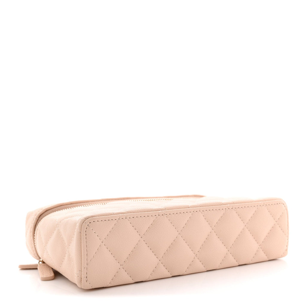 Chanel Caviar Quilted Top Handle Slim Vanity With Chain Beige
