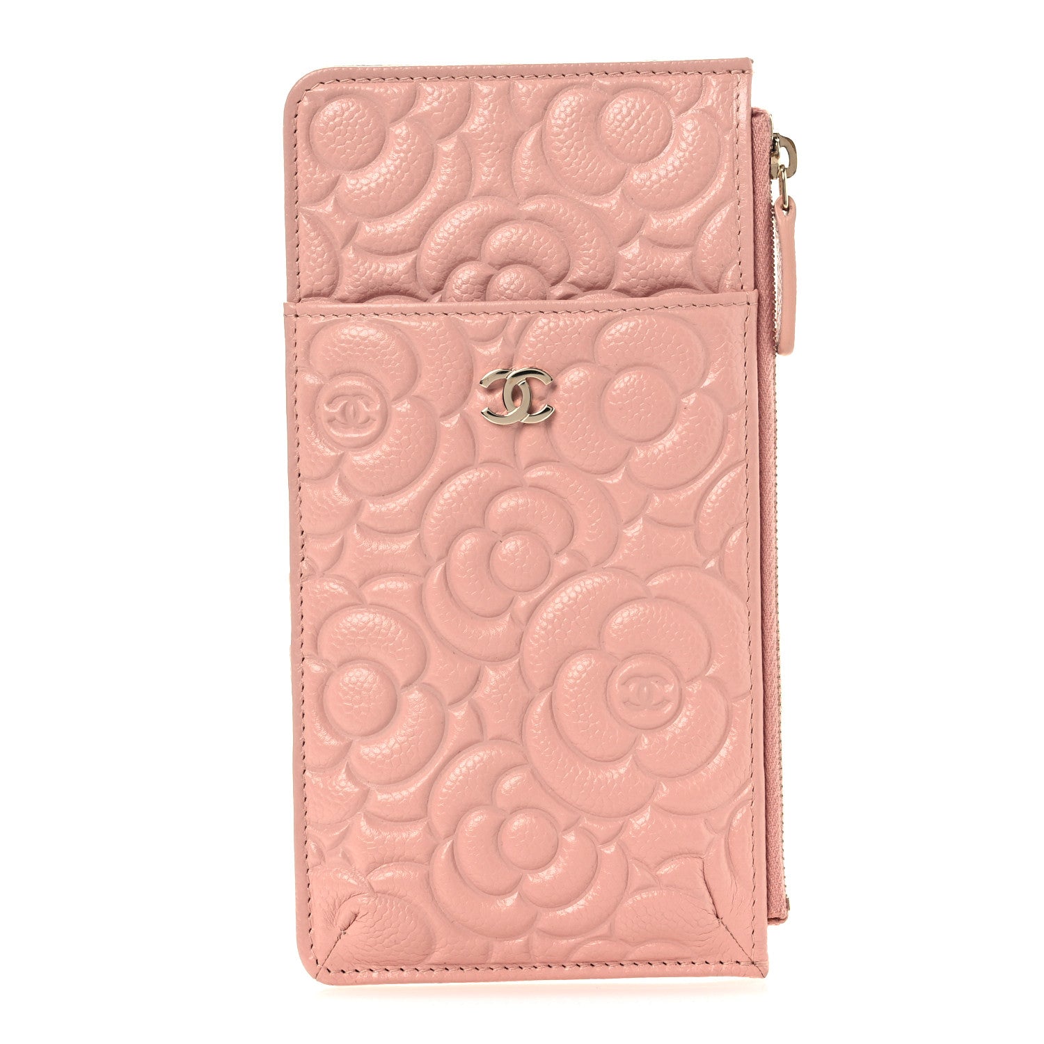 Caviar Camellia Embossed Classic Flat Wallet Pouch Pink