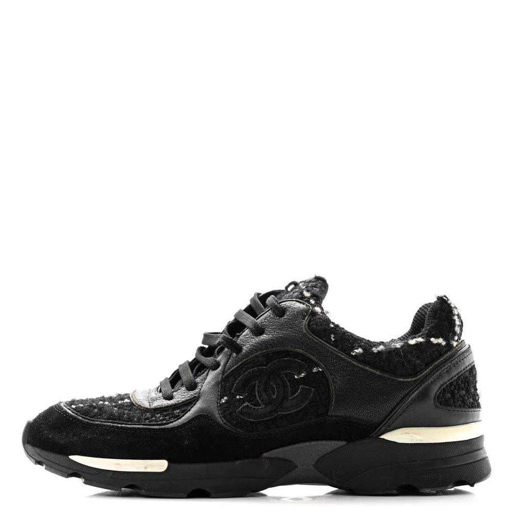 Chanel Tweed Suede Goatskin CC Sneakers 38 Black White