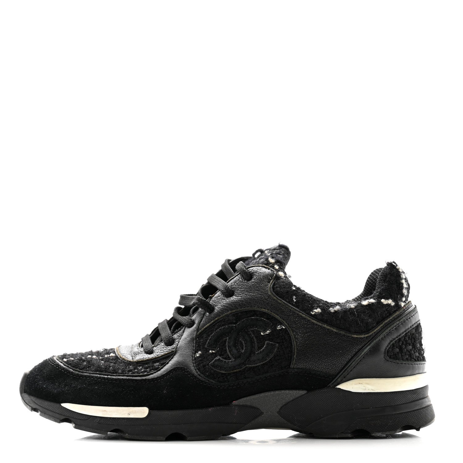 Chanel Tweed Suede Goatskin CC Sneakers 38 Black White