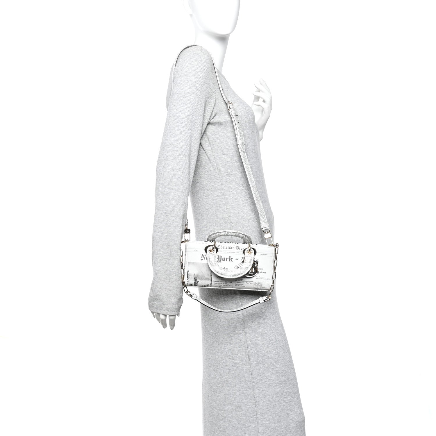 Christian Dior Calfskin Newspaper Printed Small Lady D-Joy Black White