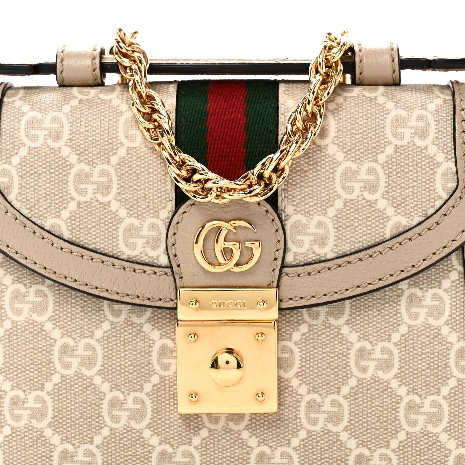 Gucci GG Supreme Monogram Textured Dollar Calfskin Web Mini Ophidia Padlock Top Handle Chain Shoulder Bag Beige Mystic White Oatmeal