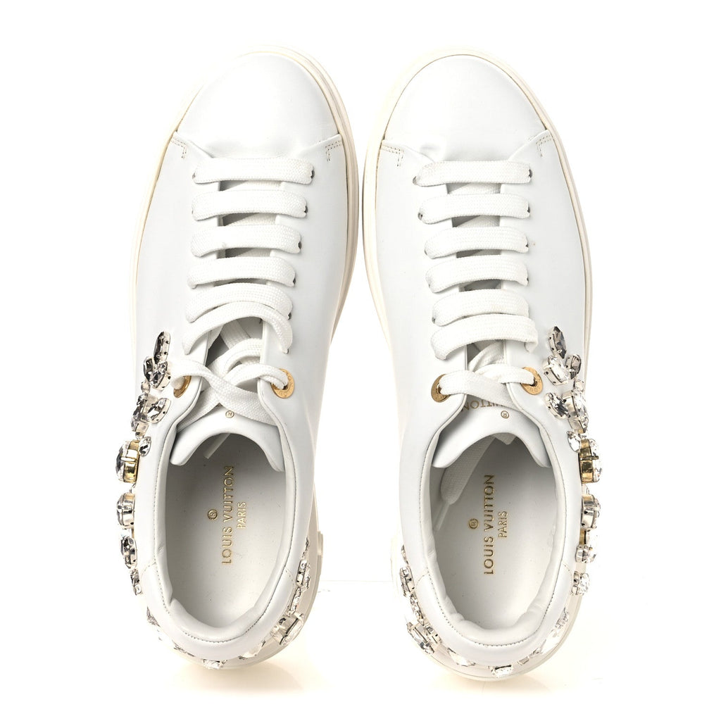 Louis Vuitton Lambskin Swarovski Crystal Monogram Time Out Sneakers 40 White