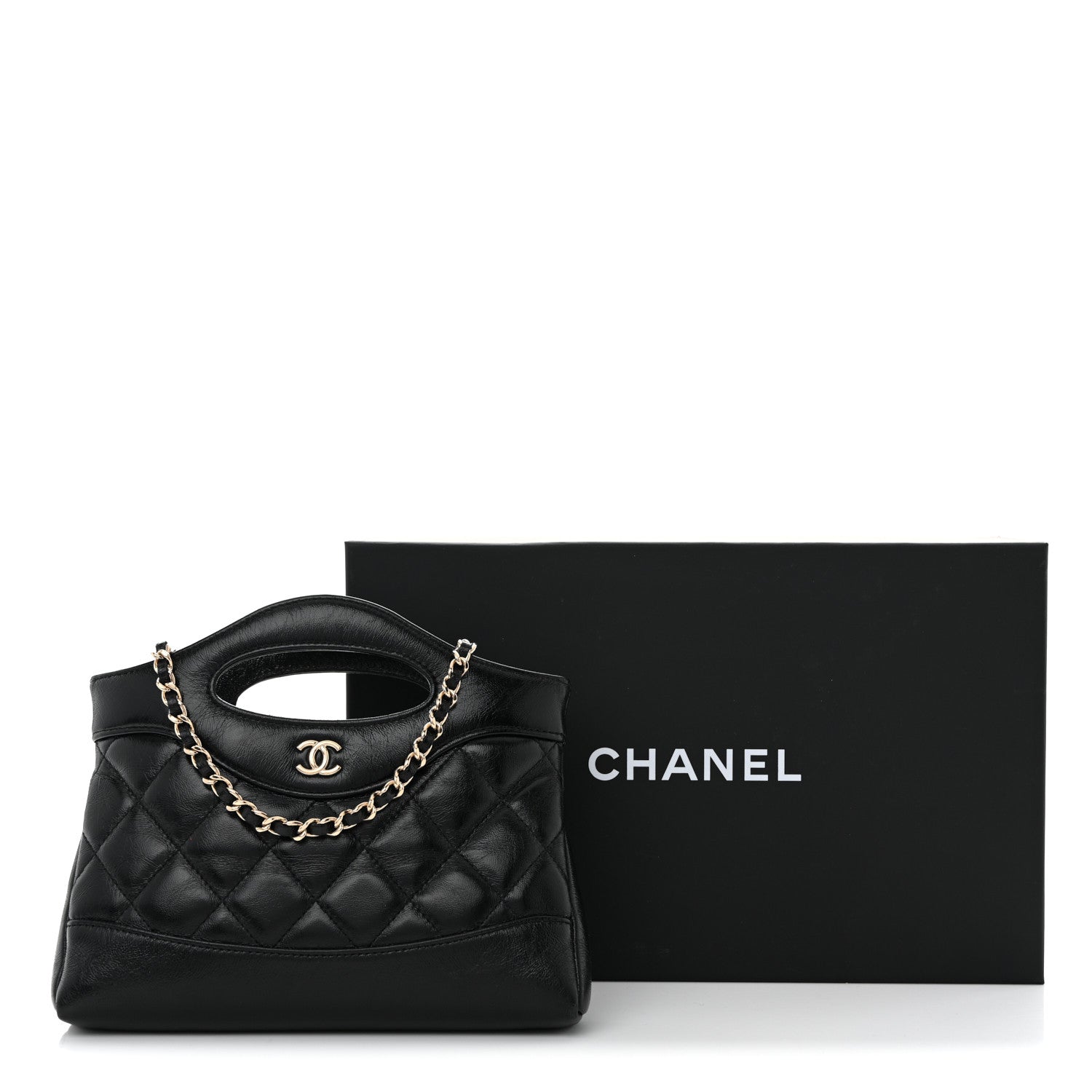 Chanel Shiny Crumpled Calfskin Quilted Nano 31 Shopping Bag Black