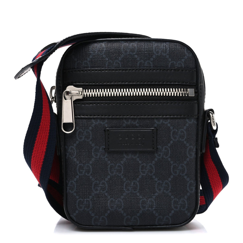 Gucci GG Supreme Monogram Appia Calfskin Web Small Camera Messenger Bag Black Grey