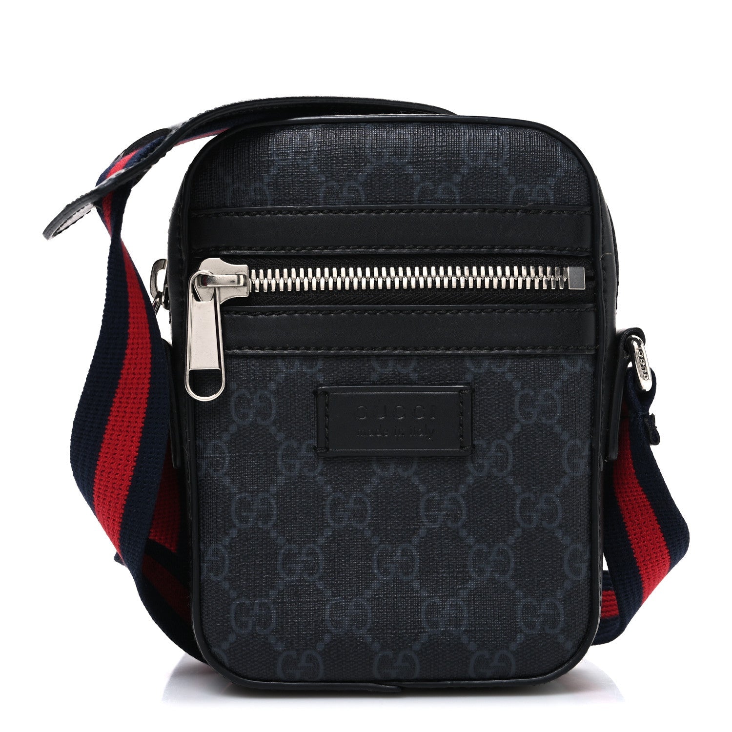 Gucci GG Supreme Monogram Appia Calfskin Web Small Camera Messenger Bag Black Grey