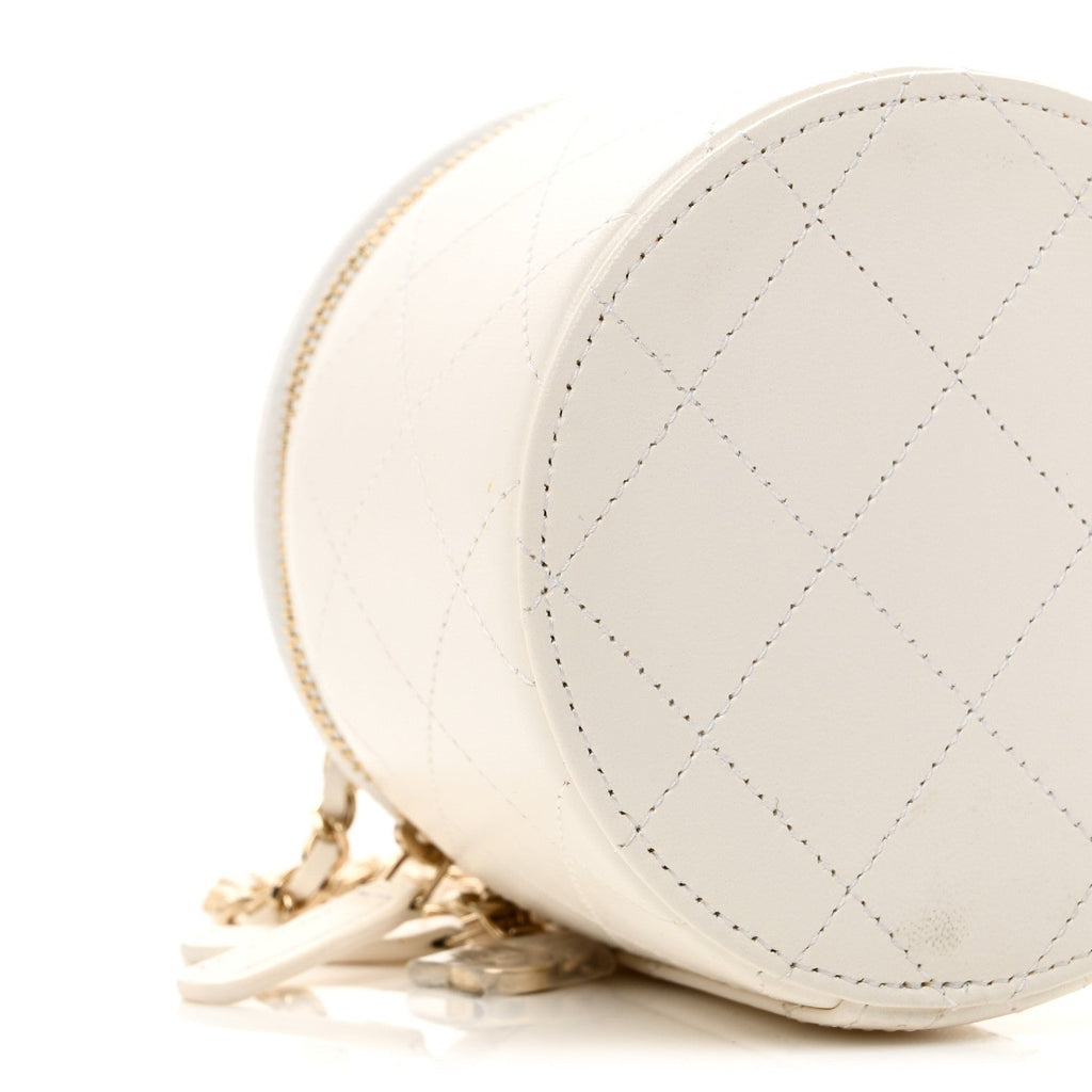 Chanel Lambskin Quilted Round Small Vanity Case With Chain White Black