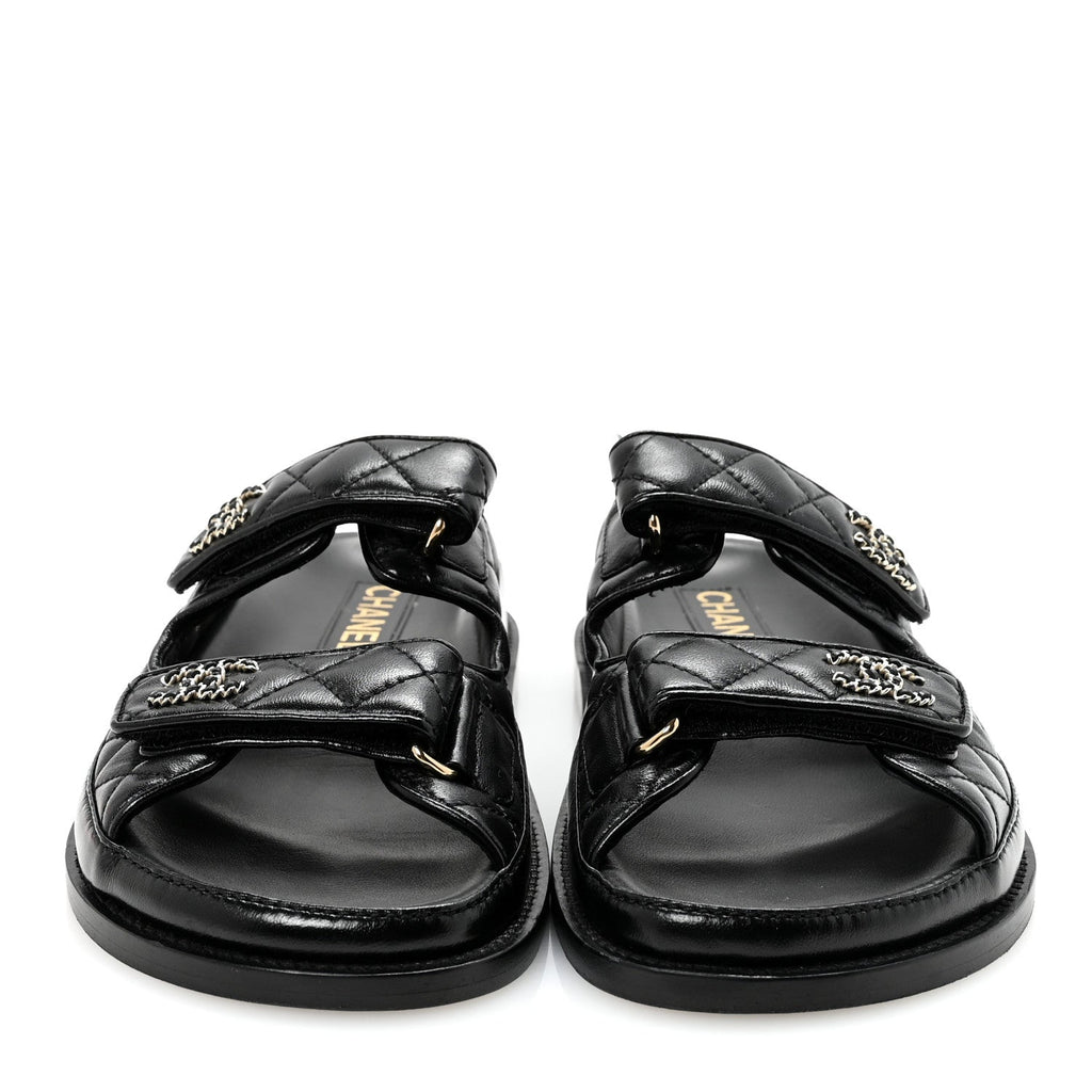 Lambskin Quilted Velcro Dad Chain CC Slide Sandals 36.5 Black