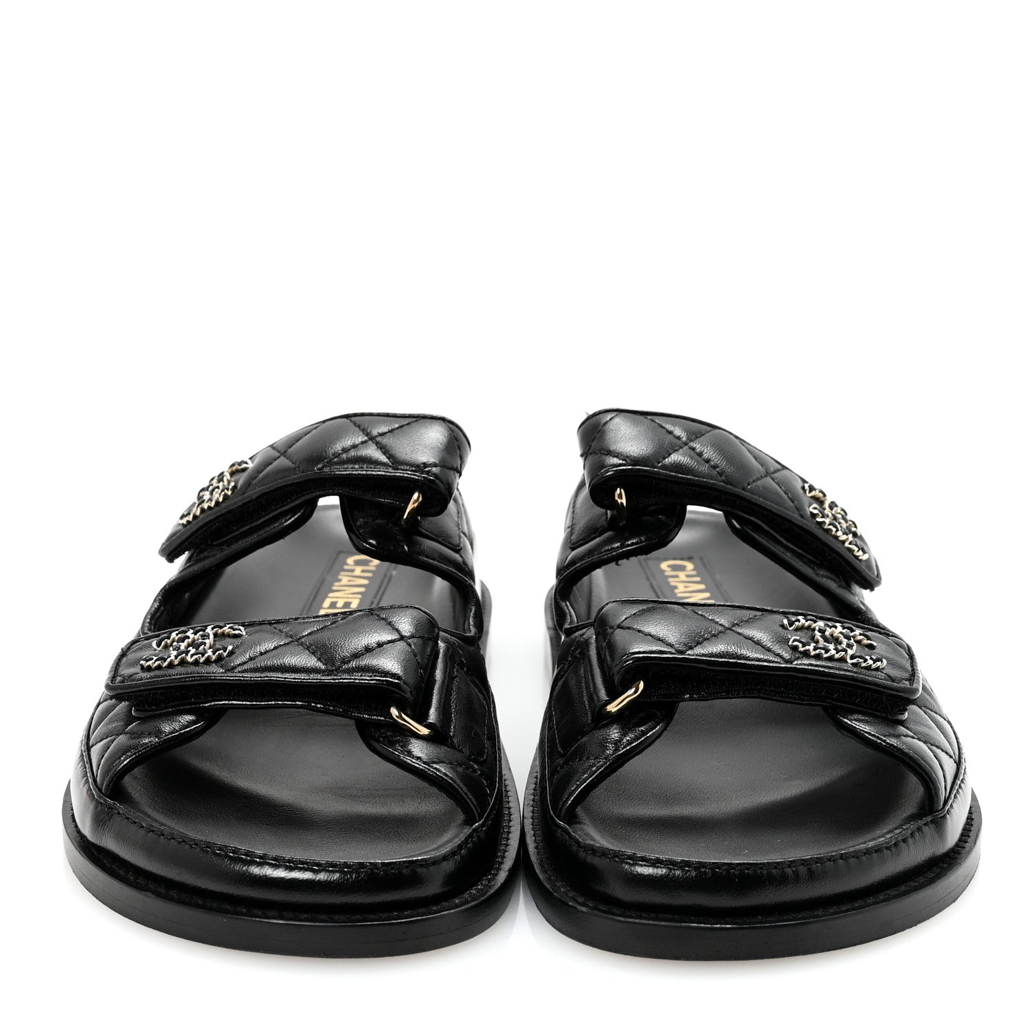 Lambskin Quilted Velcro Dad Chain CC Slide Sandals 36.5 Black