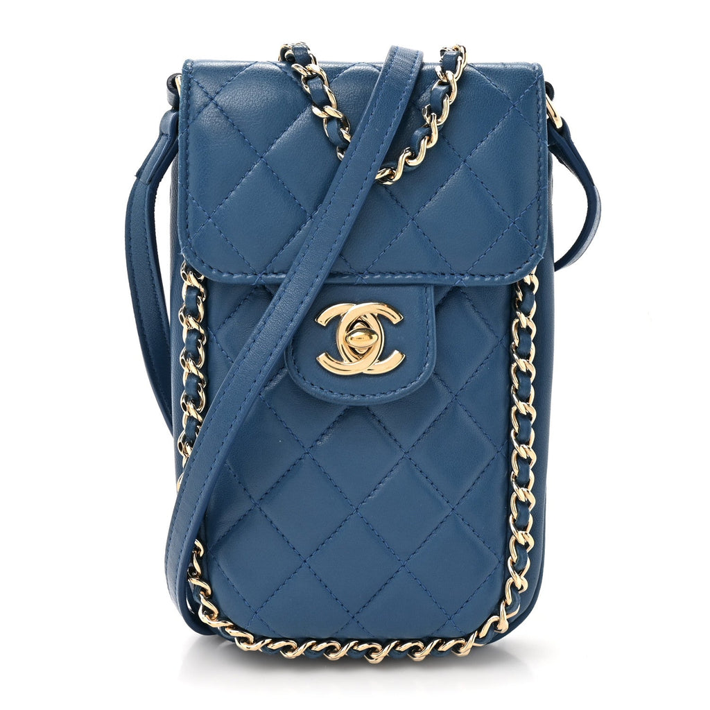 Lambskin Quilted Chain Phone Holder Blue
