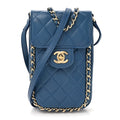 Lambskin Quilted Chain Phone Holder Blue