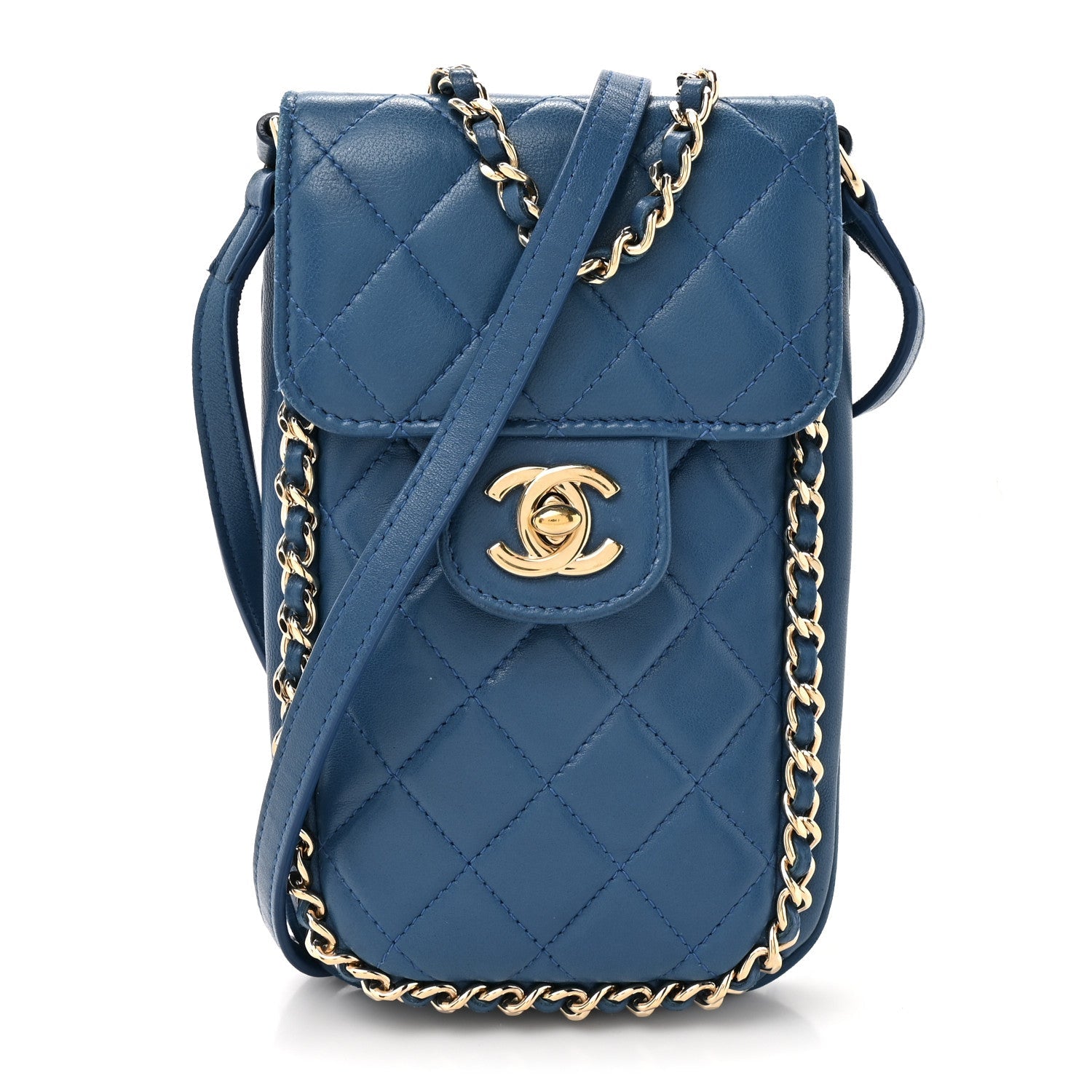 Lambskin Quilted Chain Phone Holder Blue