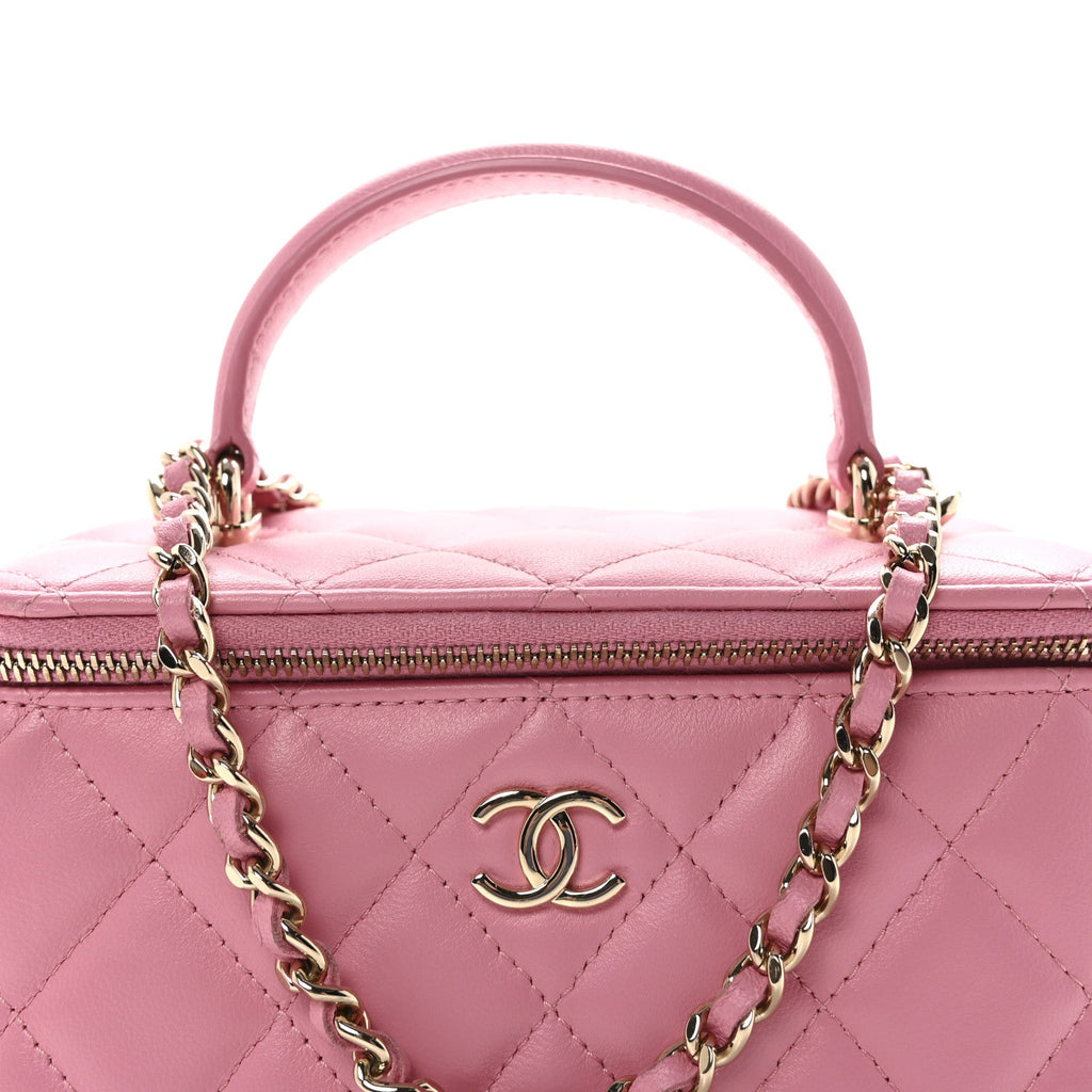 Chanel Lambskin Quilted Small Top Handle Vanity Case With Chain Pink