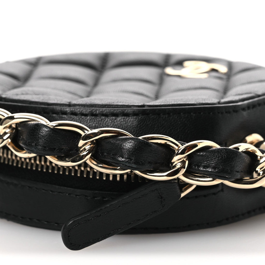 Chanel Lambskin Quilted Chain Round Mini Clutch Black