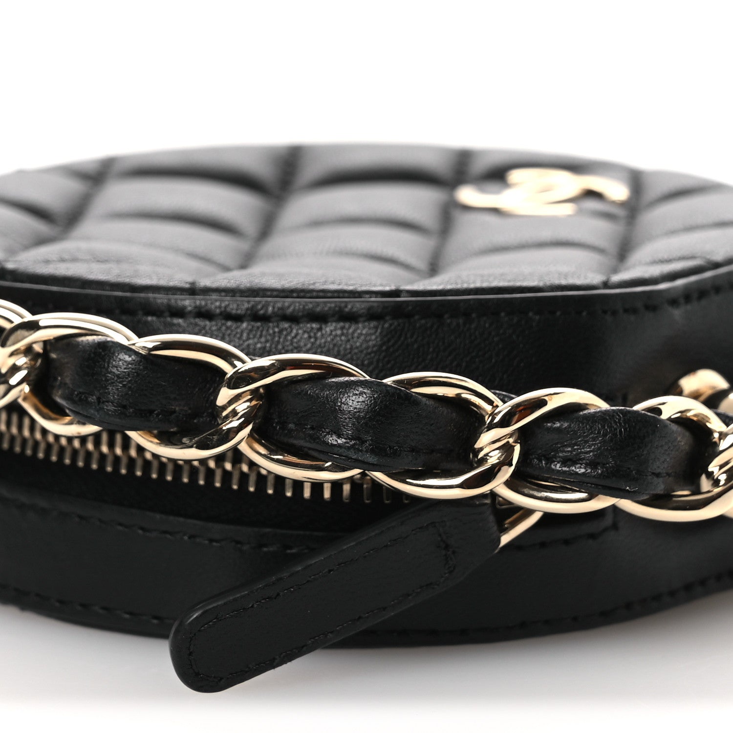 Chanel Lambskin Quilted Chain Round Mini Clutch Black