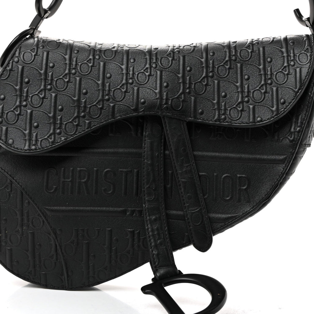 Christian Dior Calfskin Embossed Oblique Saddle Bag Black
