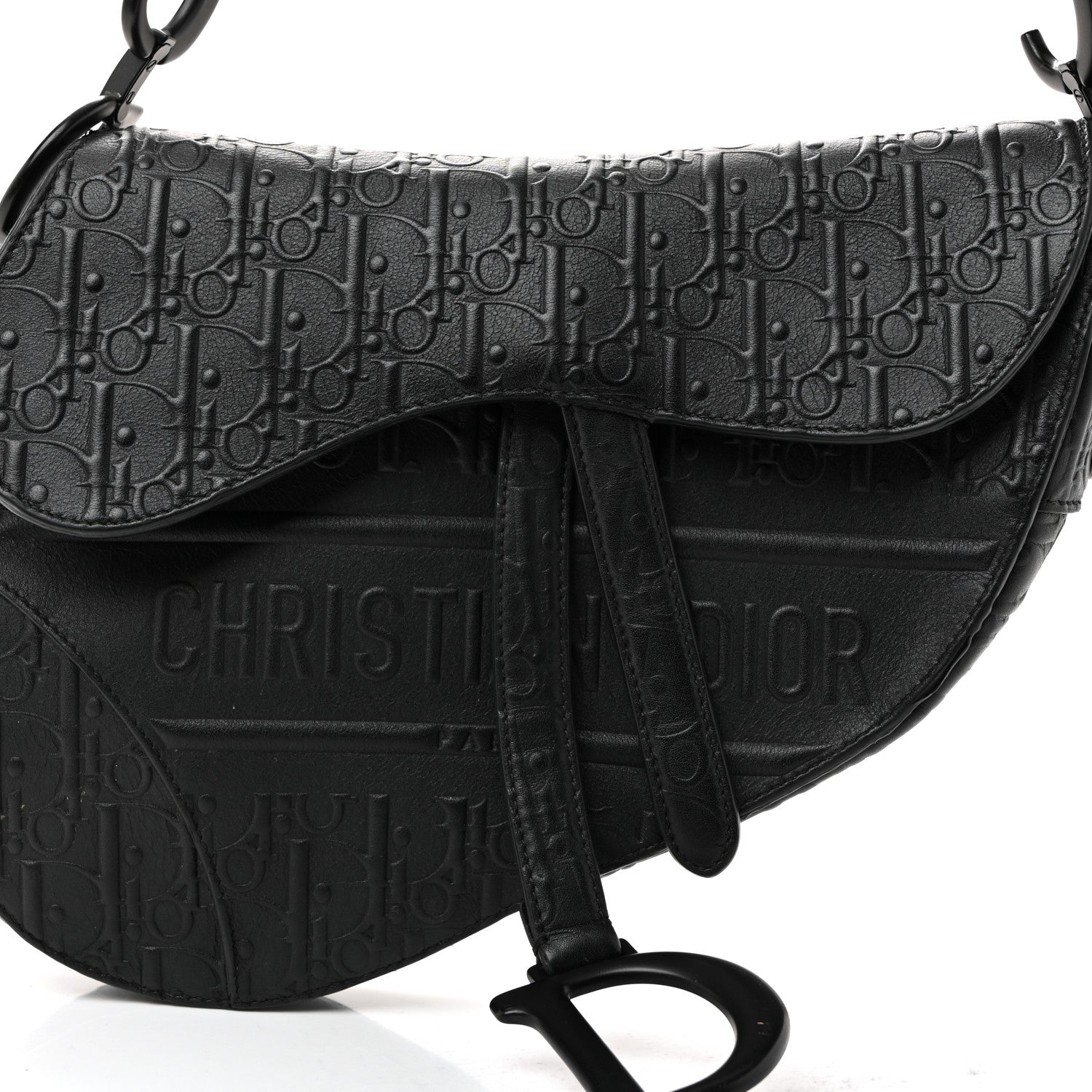Christian Dior Calfskin Embossed Oblique Saddle Bag Black