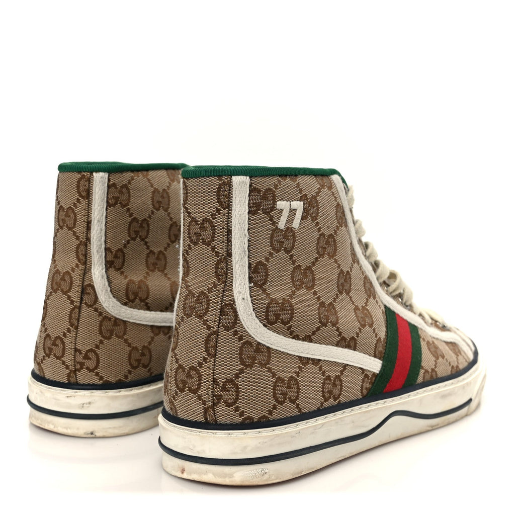 Gucci GG Monogram Web Mens 1977 Tennis High Top Sneakers 6.5 Beige Ebony Mystic White