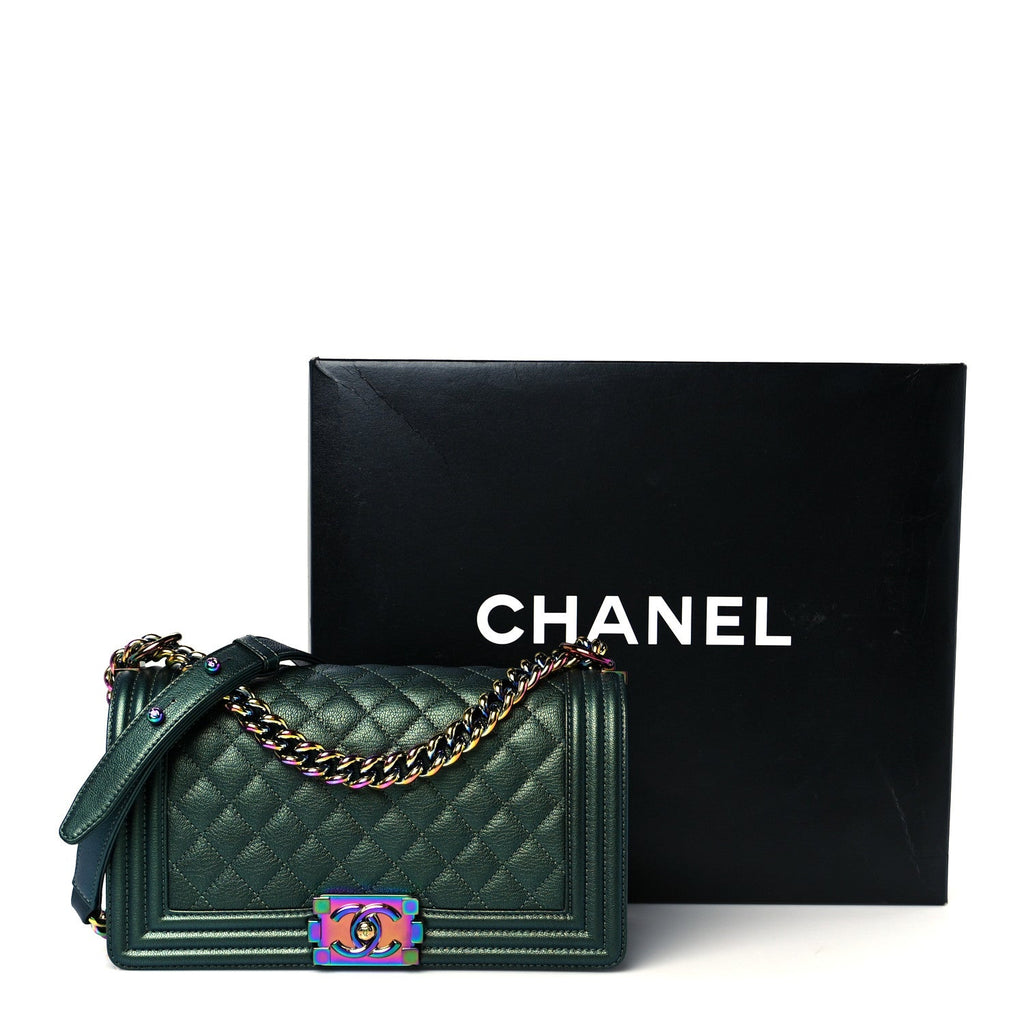 Chanel Iridescent Goatskin Quilted Medium Boy Flap Green