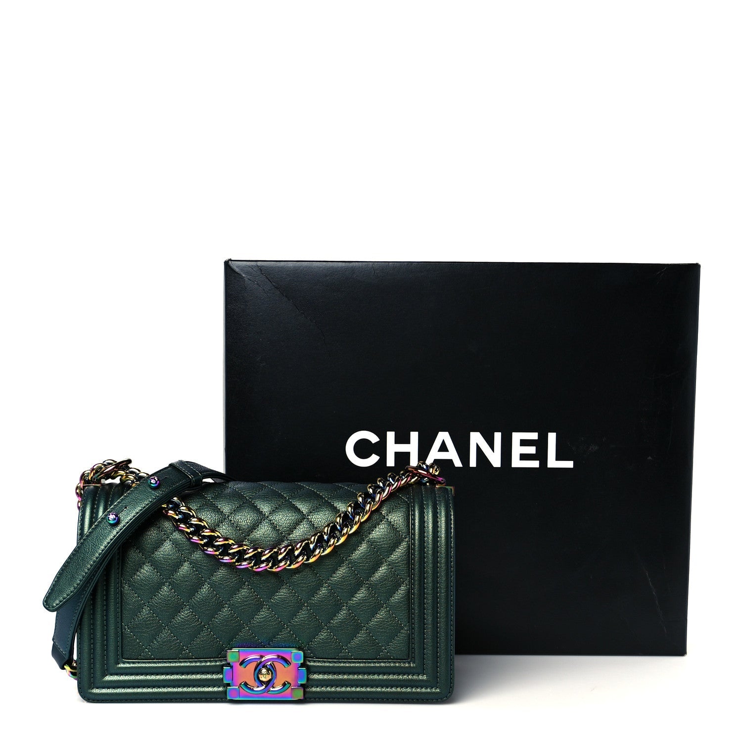 Chanel Iridescent Goatskin Quilted Medium Boy Flap Green