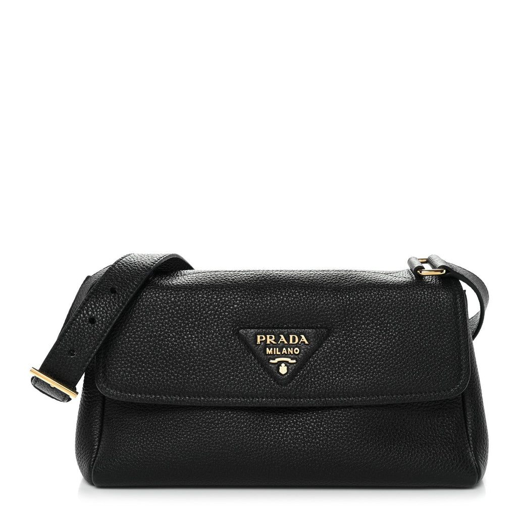 Prada Vitello Daino Soft Flap Shoulder Bag Black