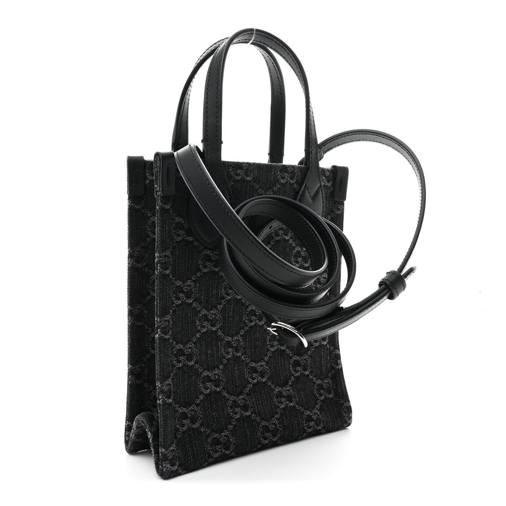 Gucci Denim Cuoio Harness GG Monogram Mini Ophidia Tote Bag Black Medium Grey