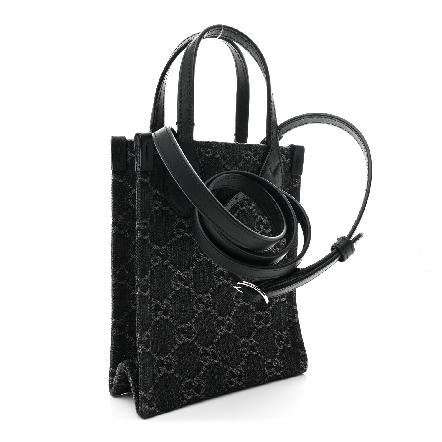 Gucci Denim Cuoio Harness GG Monogram Mini Ophidia Tote Bag Black Medium Grey
