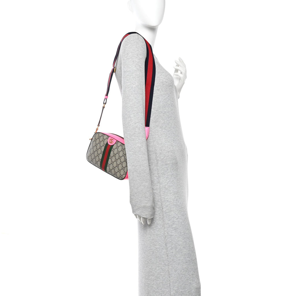 Gucci GG Supreme Monogram Textured Dollar Calfskin Web Ophidia Small Crossbody Bag Beige Ebony Fuchsia