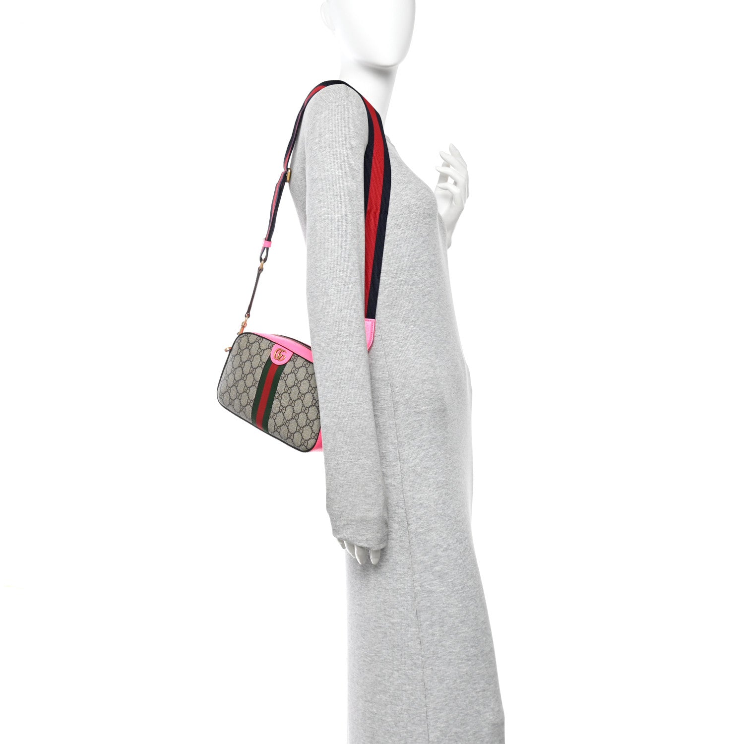 Gucci GG Supreme Monogram Textured Dollar Calfskin Web Ophidia Small Crossbody Bag Beige Ebony Fuchsia