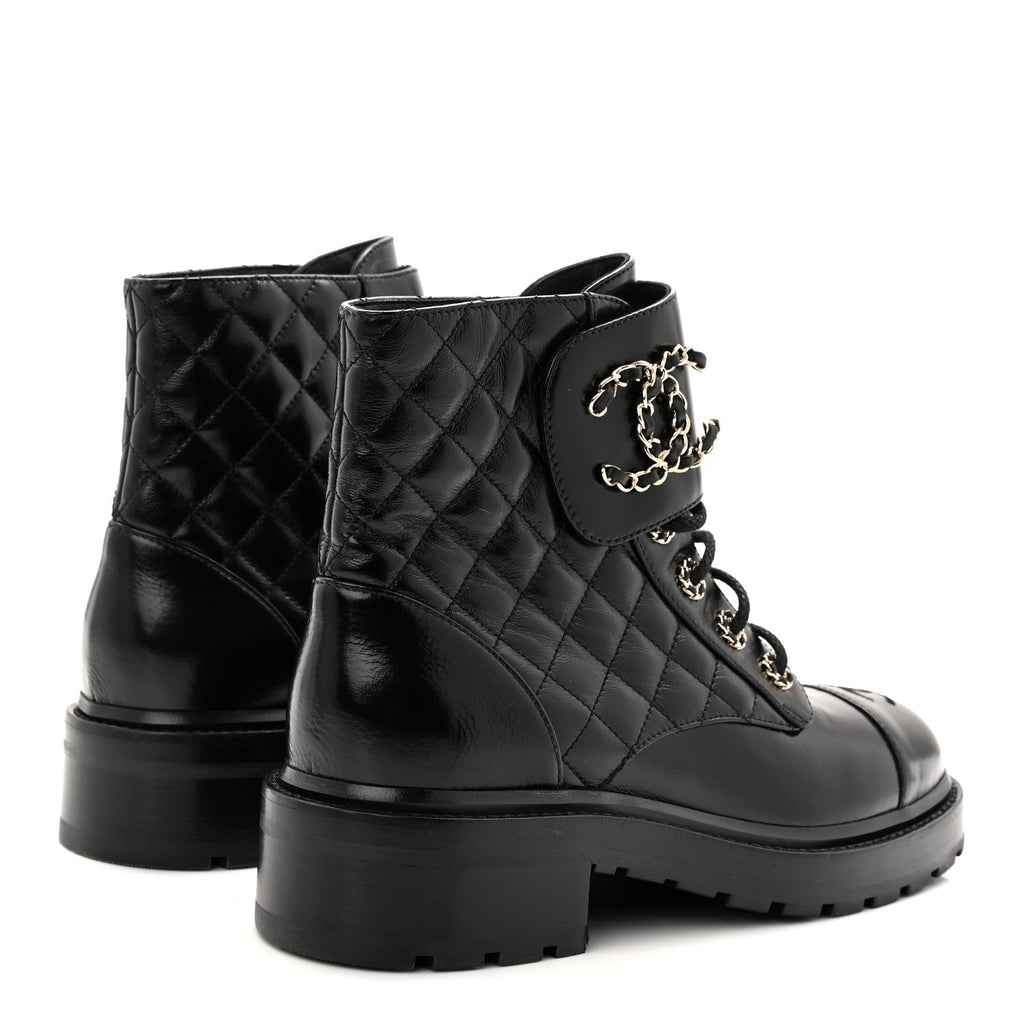 Chanel Shiny Calfskin Quilted Lace Up Combat Boots 39 Black