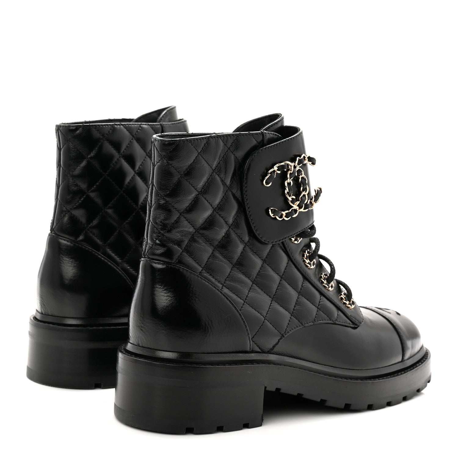 Chanel Shiny Calfskin Quilted Lace Up Combat Boots 39 Black