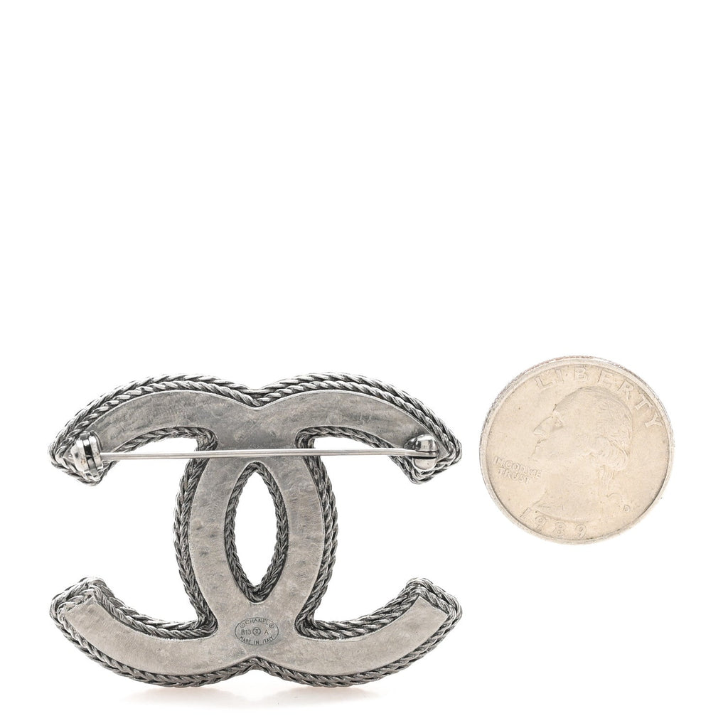 Chanel Tweed CC Brooch Silver Multicolor