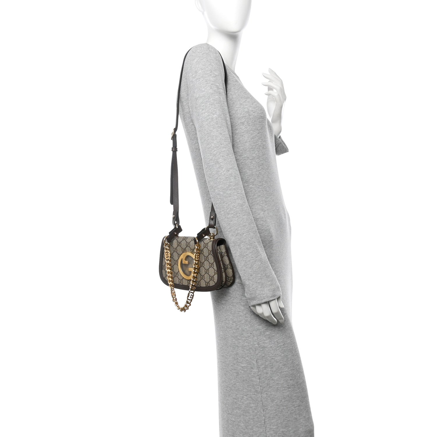 Gucci GG Supreme Monogram Textured Dollar Calfskin Mini Blondie Chain Shoulder Flap Bag Beige Ebony New Acero
